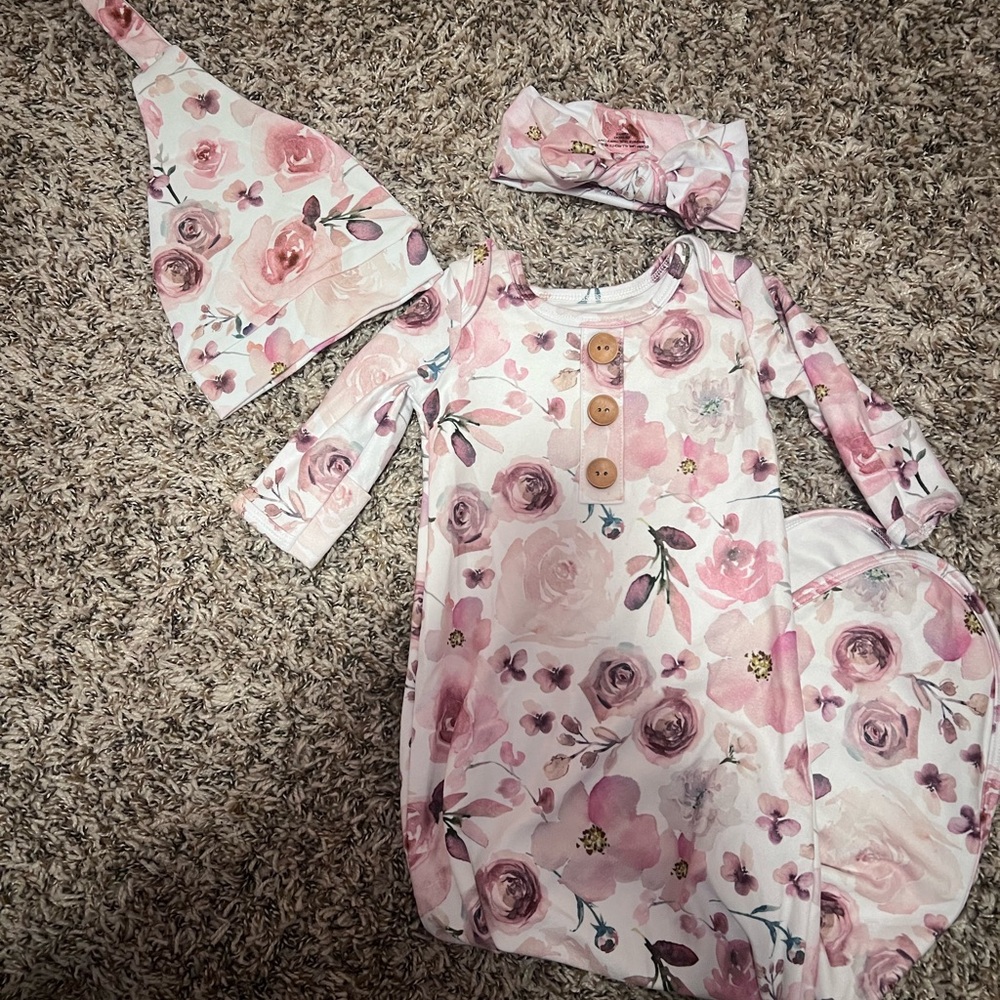 Caden Lane Pink Floral Baby Pajama Gown with Hat & Headband